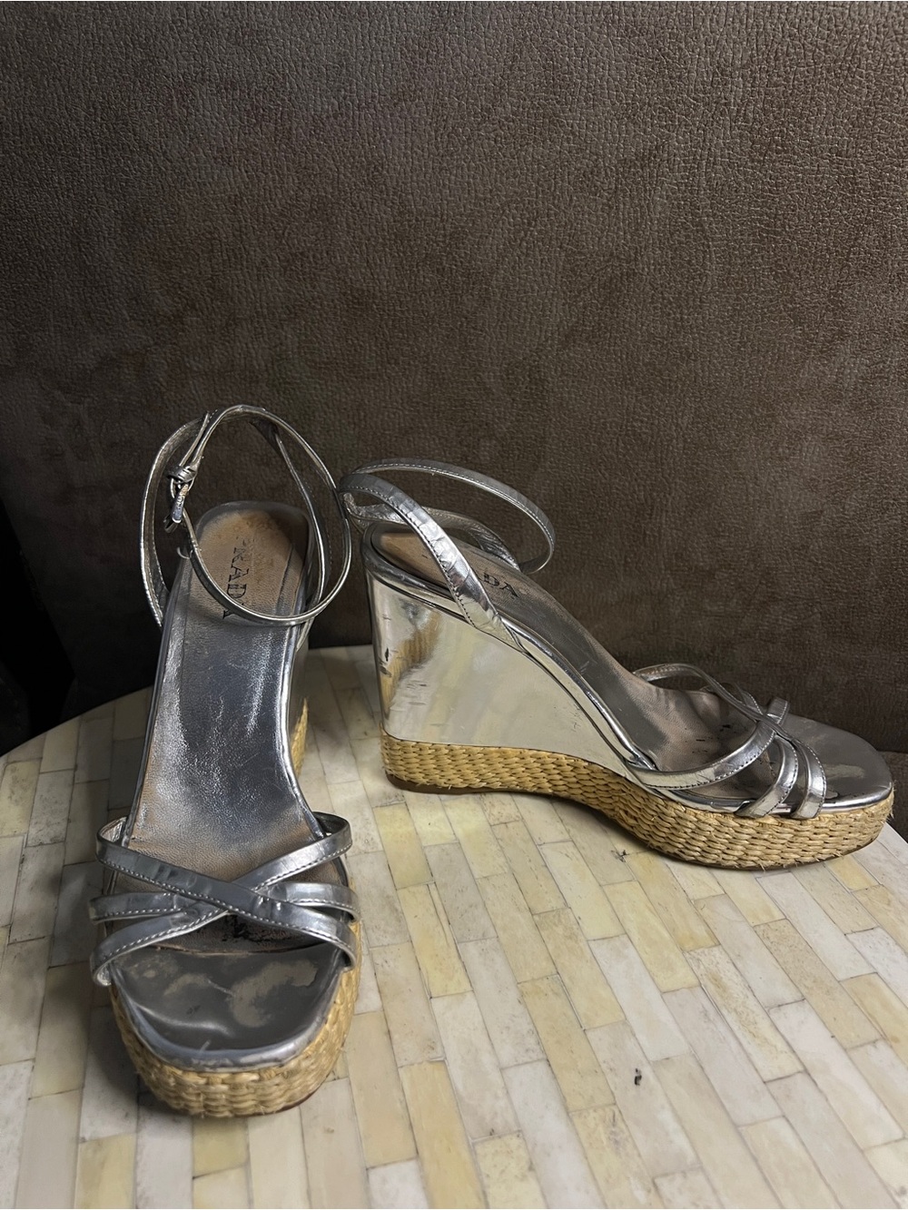 Prada Silver Metallic Wedge Sandals with Braided Espadrille Sole